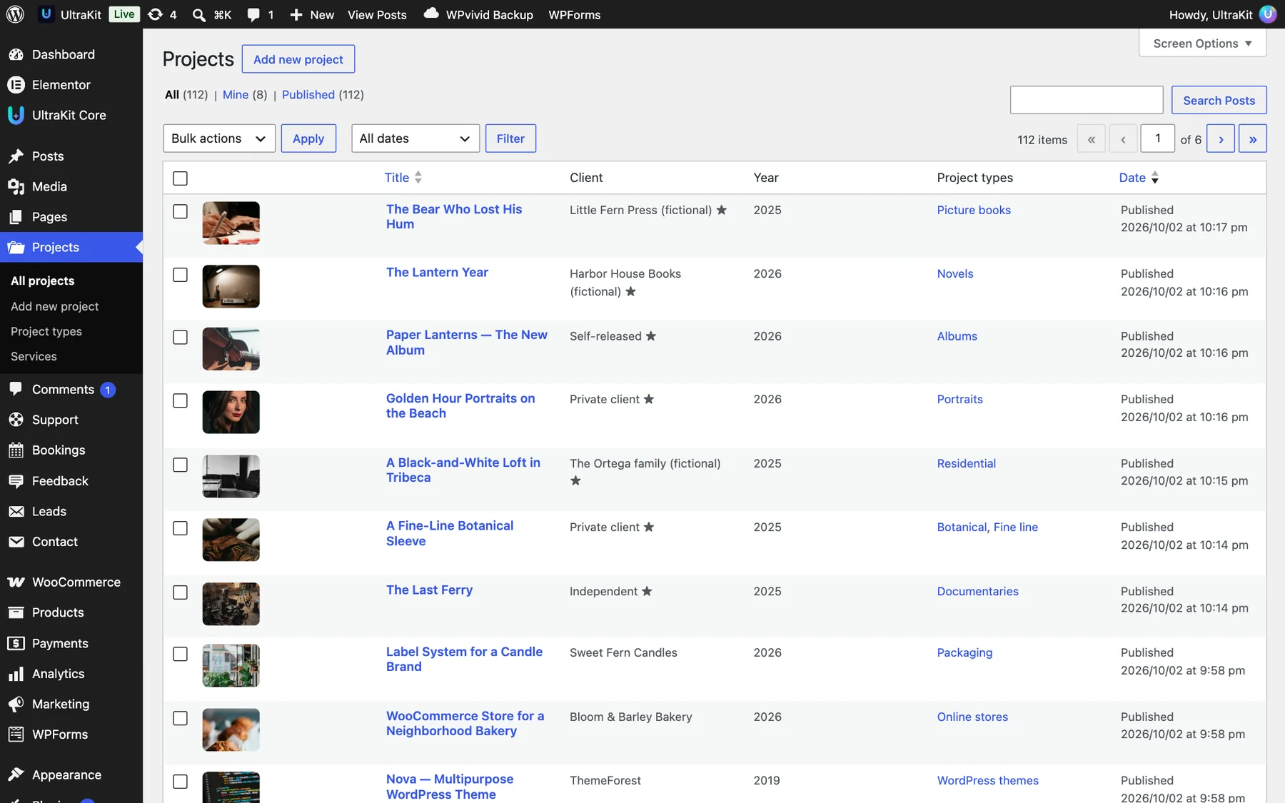 Projects: client, year and project types