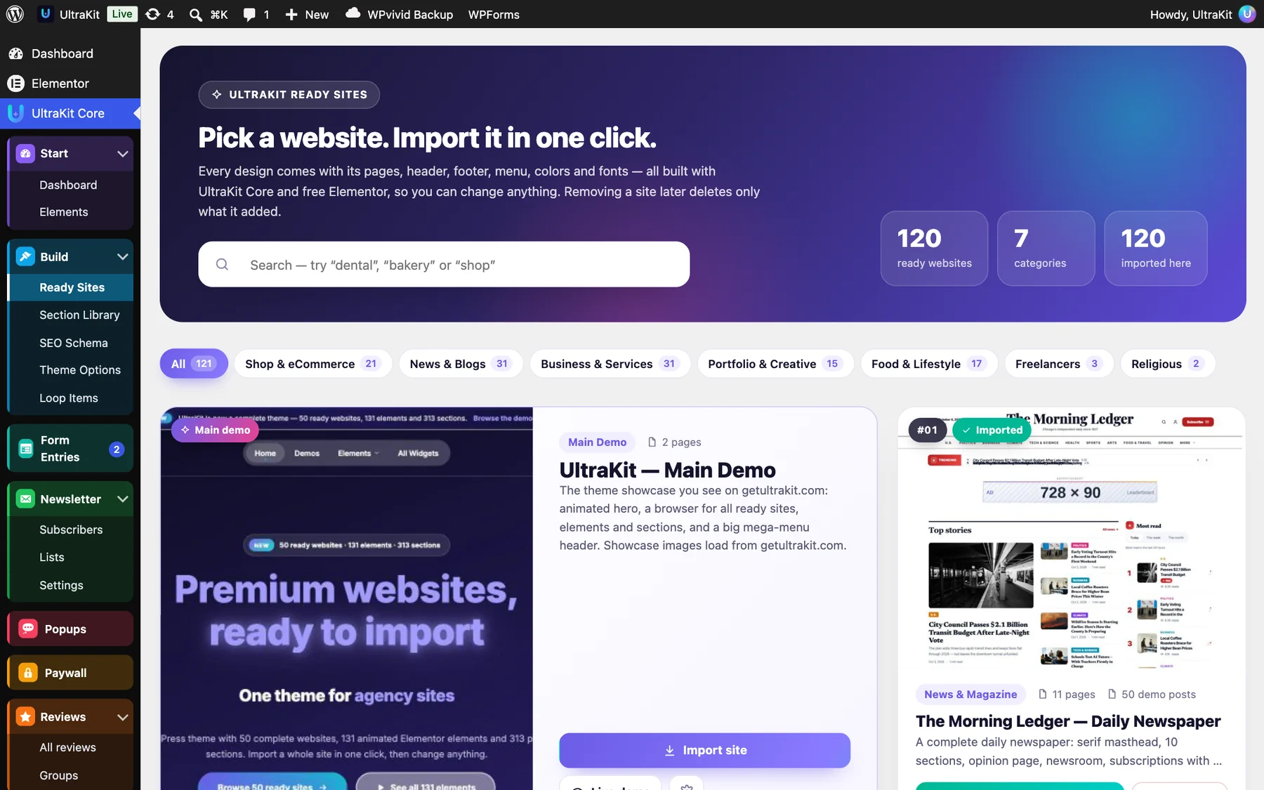 UltraKit Core → Ready Sites: search, category pills and website cards