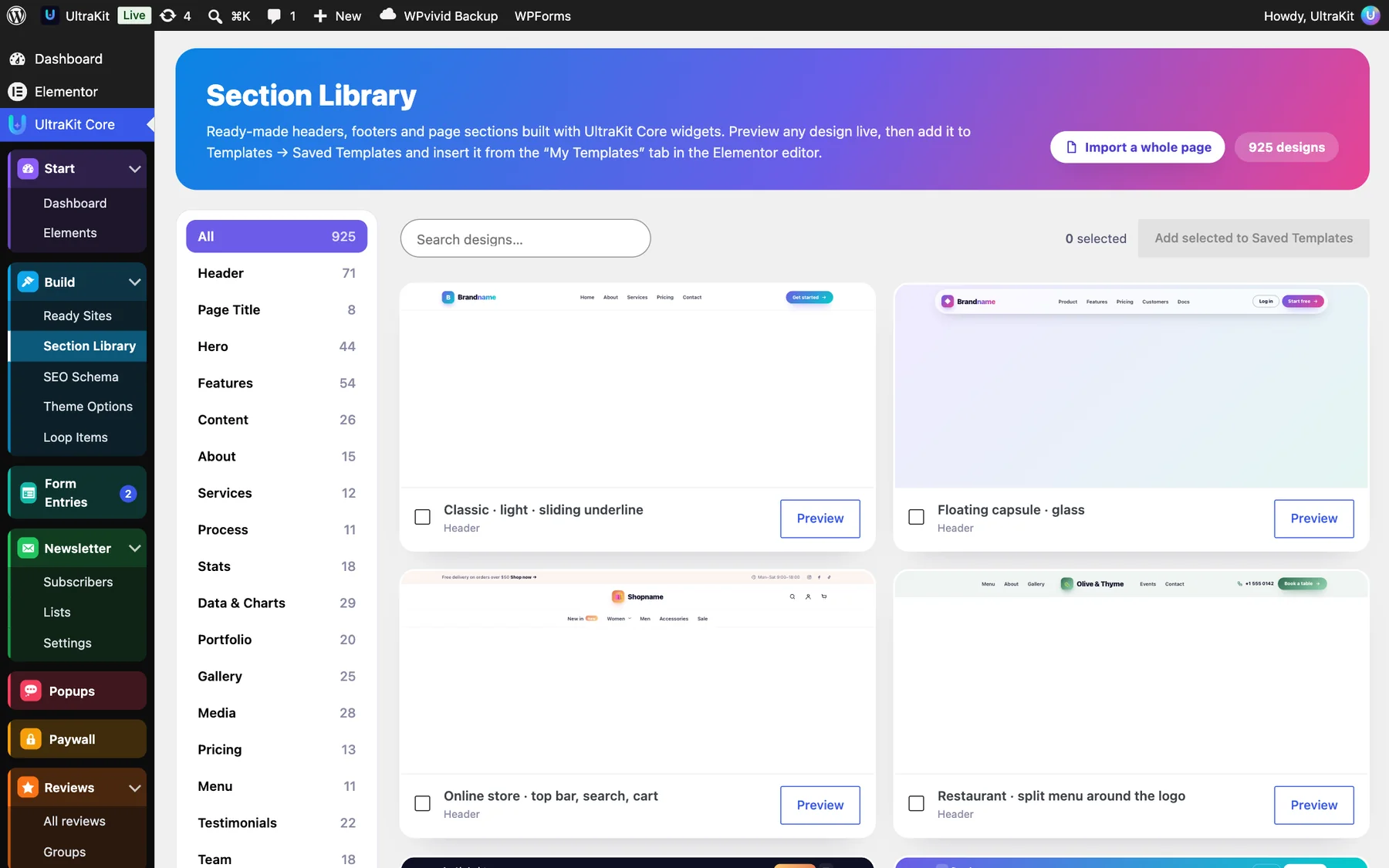 UltraKit Core → Section Library: categories on the left, designs with Preview and a checkbox