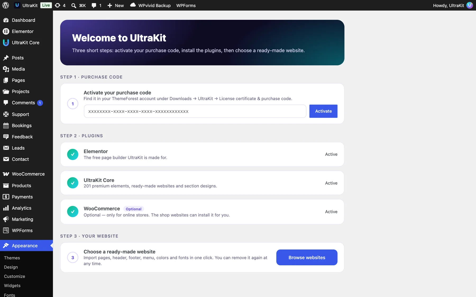 Appearance → UltraKit Setup: purchase code, plugins, then a website