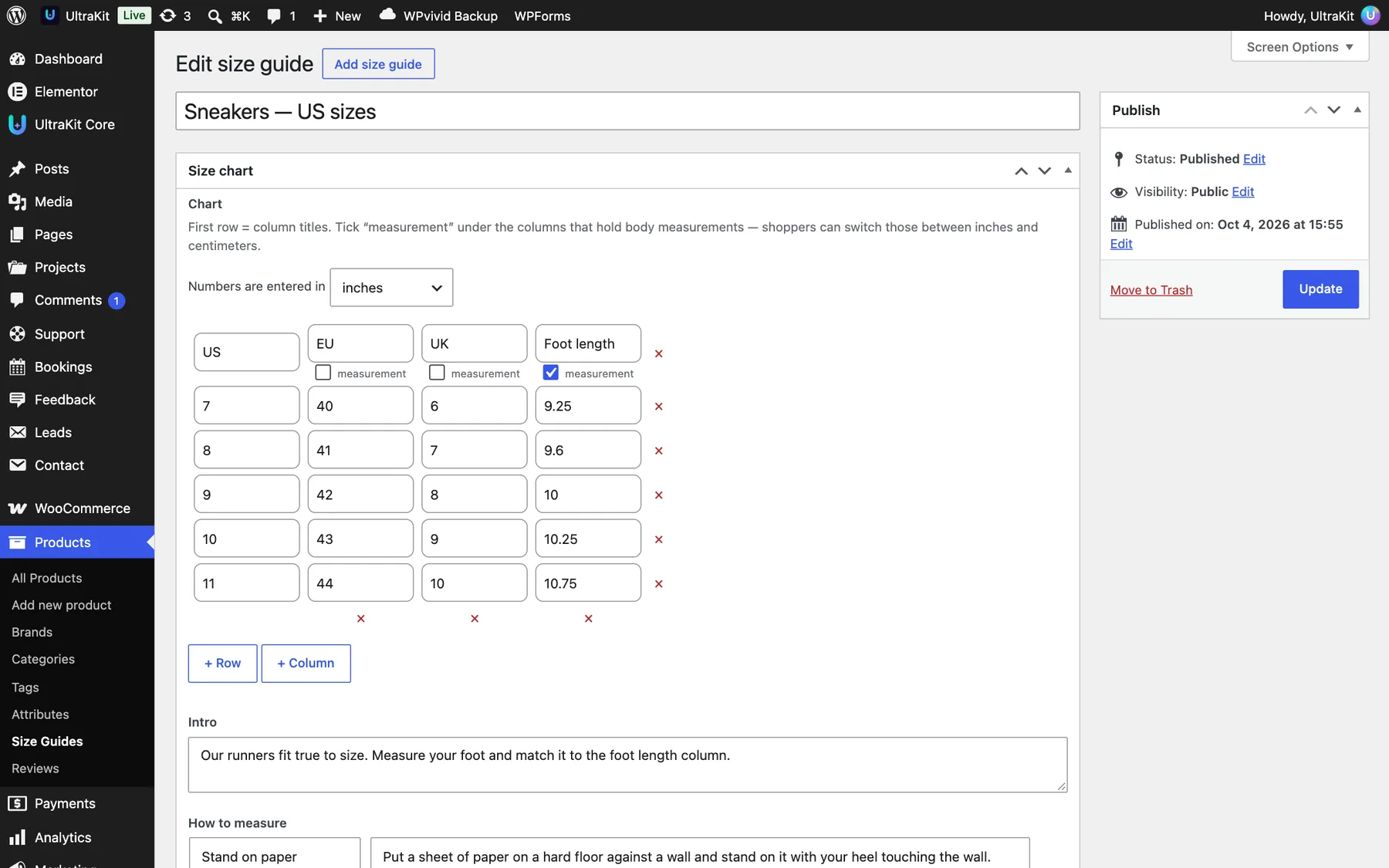 Editing a size guide