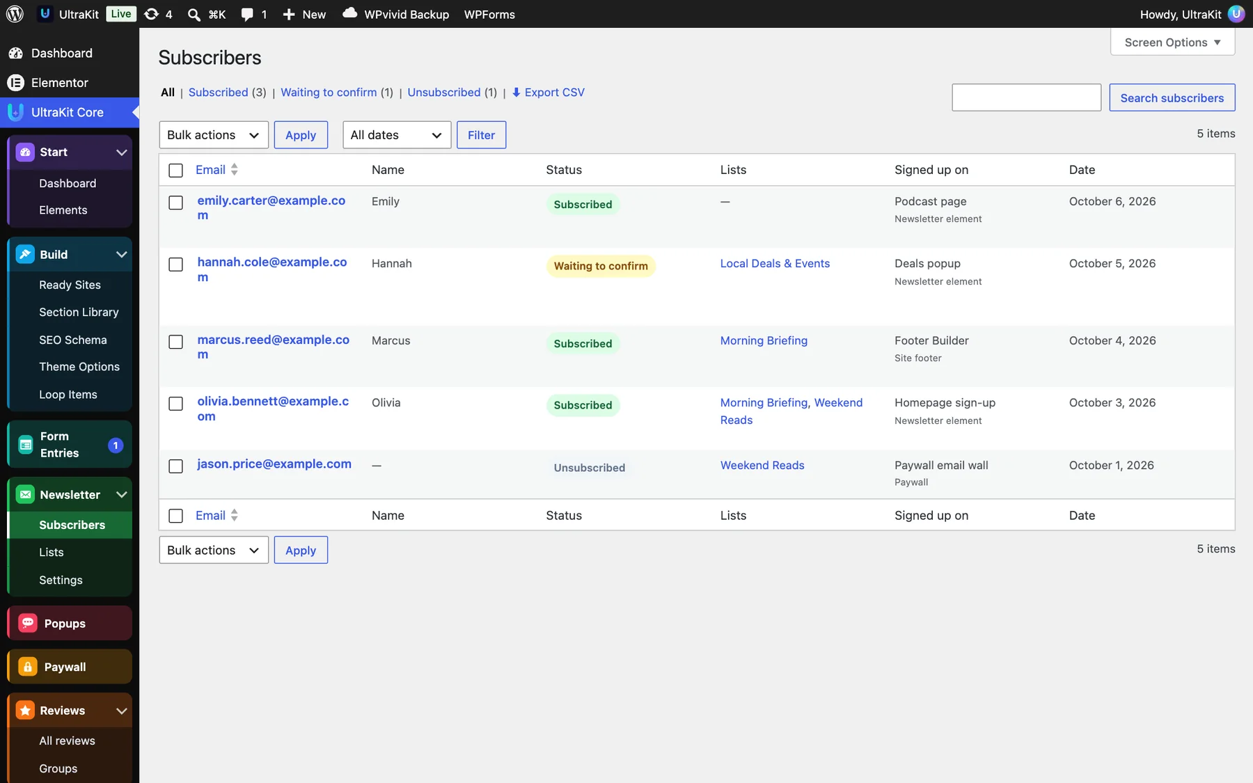 Newsletter → Subscribers (example addresses)
