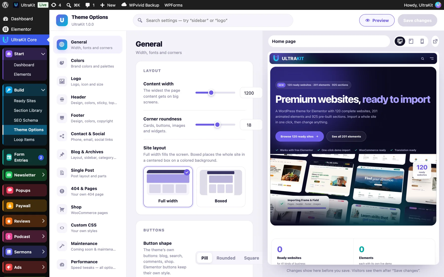 Theme Options: tabs on the left, settings in the middle, the live preview on the right