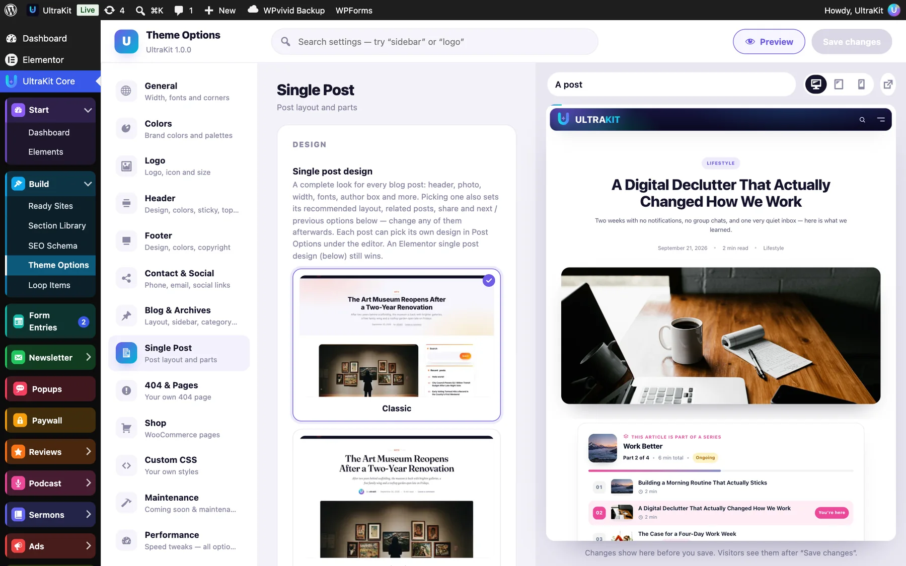 Single Post → Design: pick a complete look; the preview shows a real post