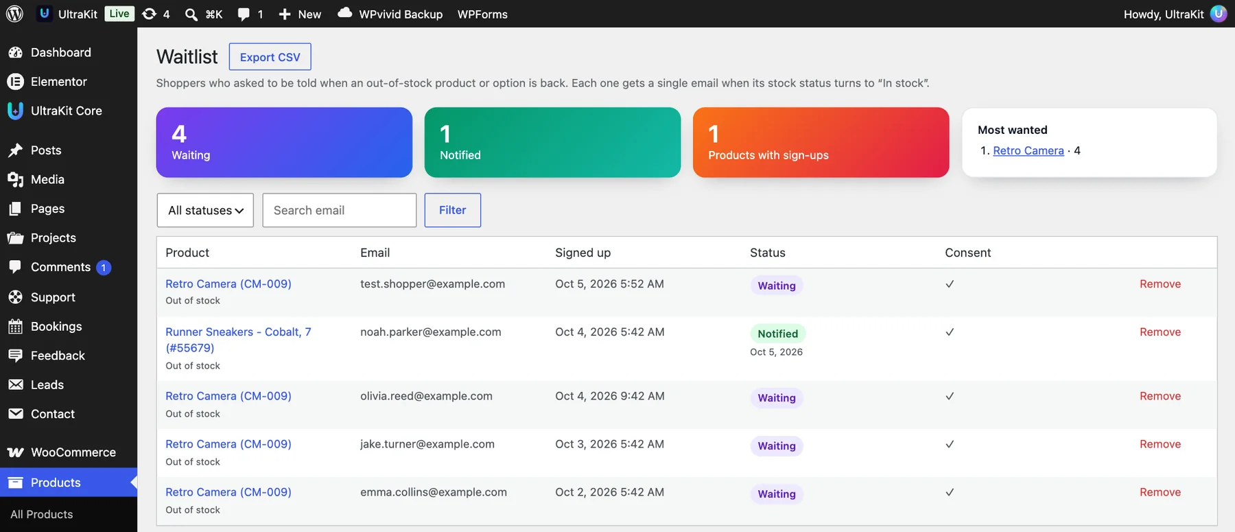 Products → Waitlist (example addresses)
