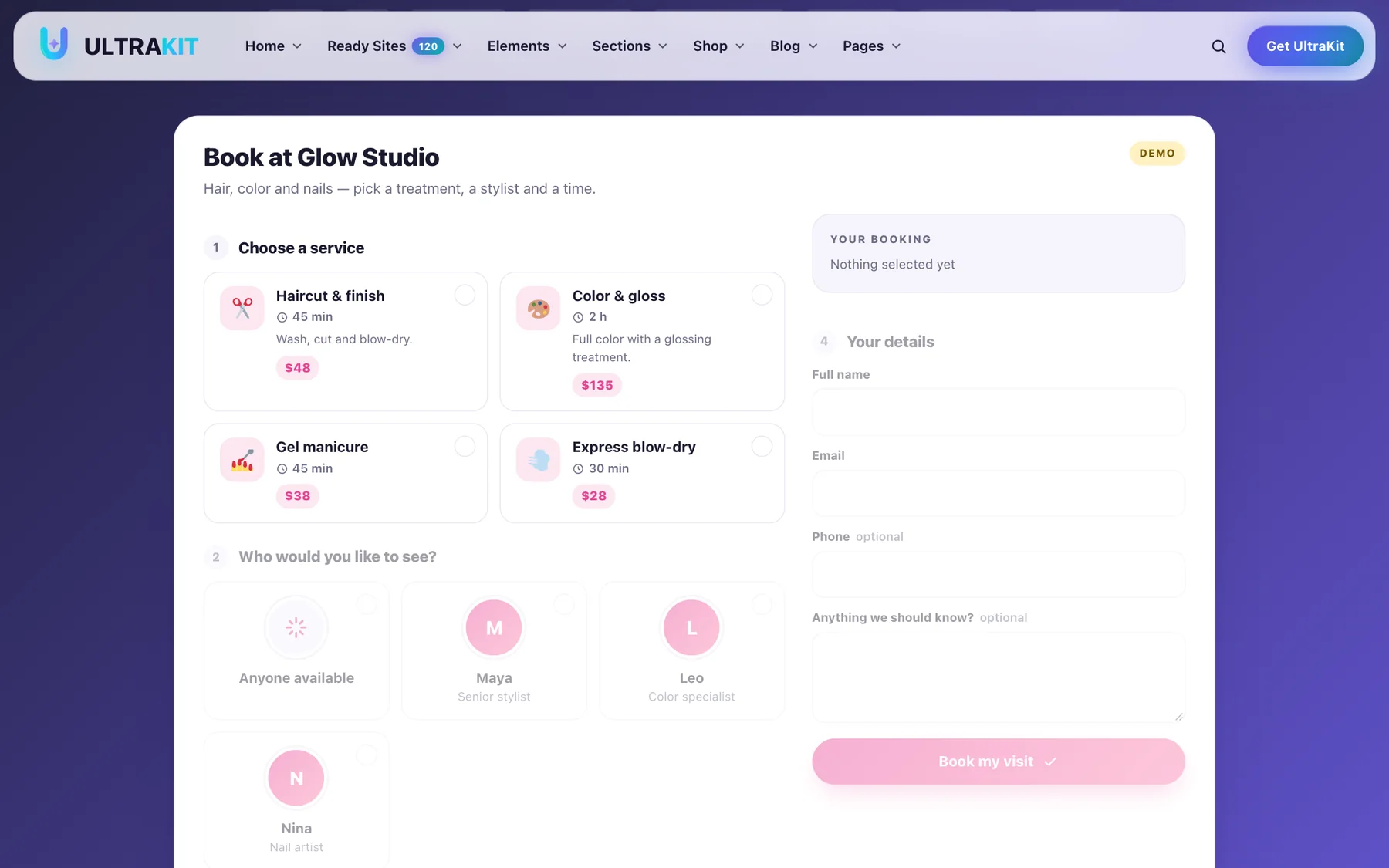 The Booking / Appointment Form: service, staff, time and details