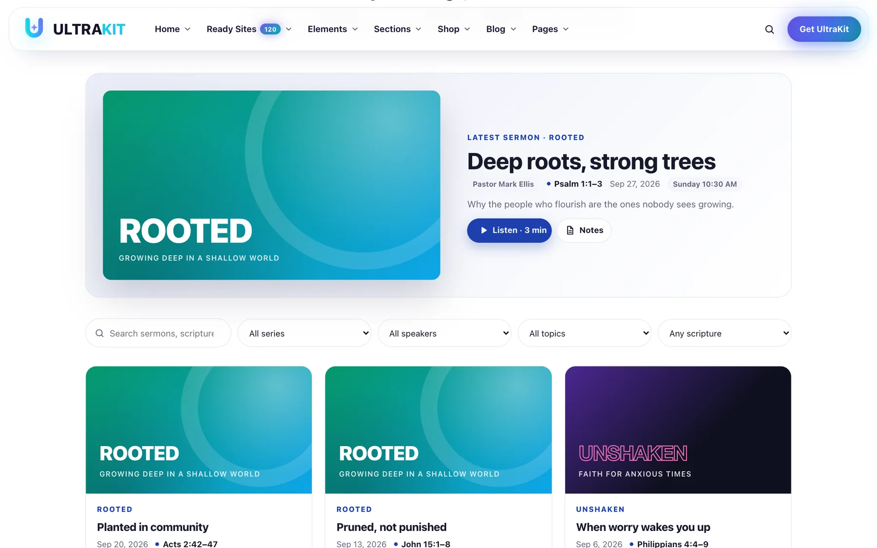 The Sermon Library: latest message, filters and series cards