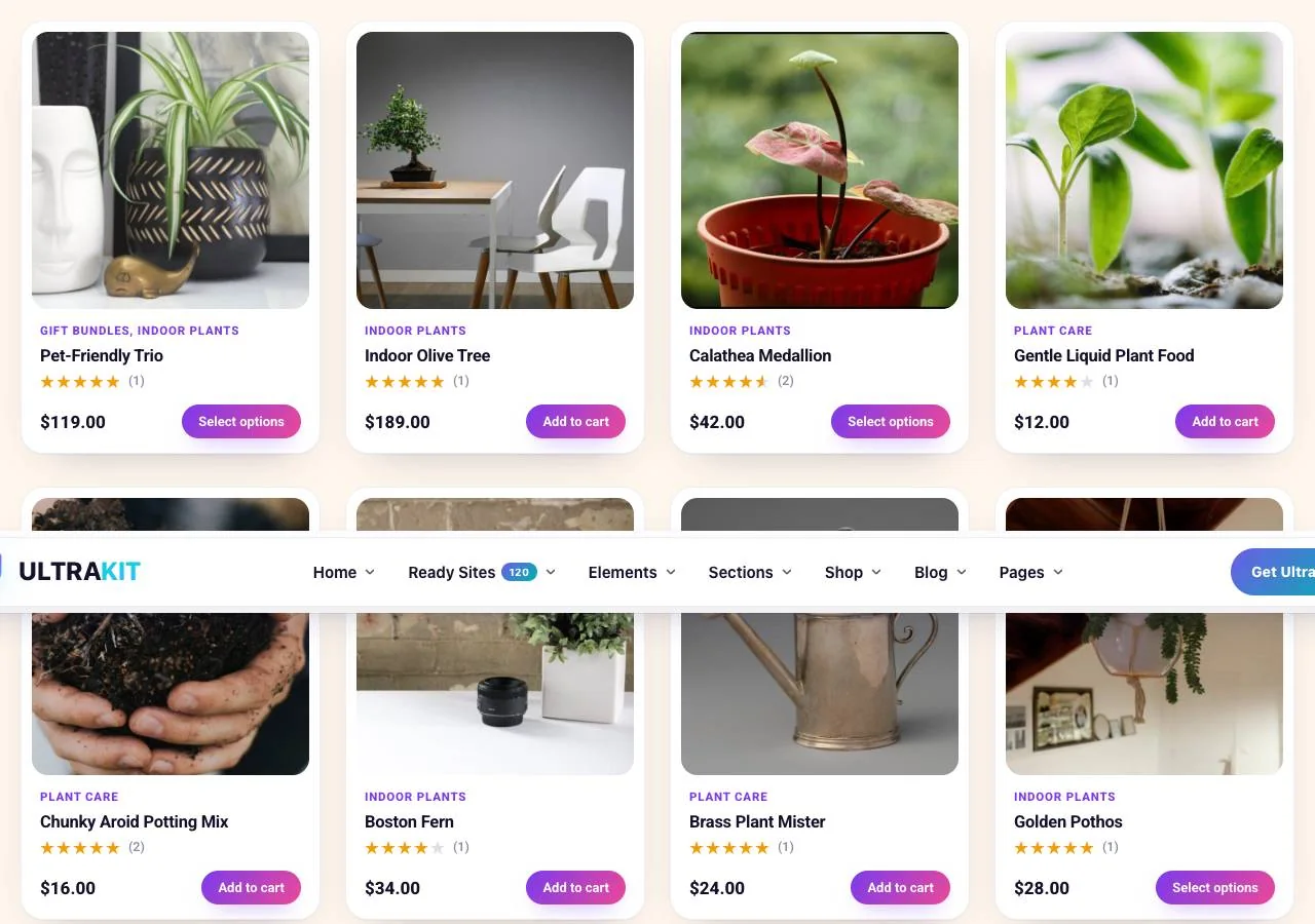 A shop grid built from a custom product card, with Load more