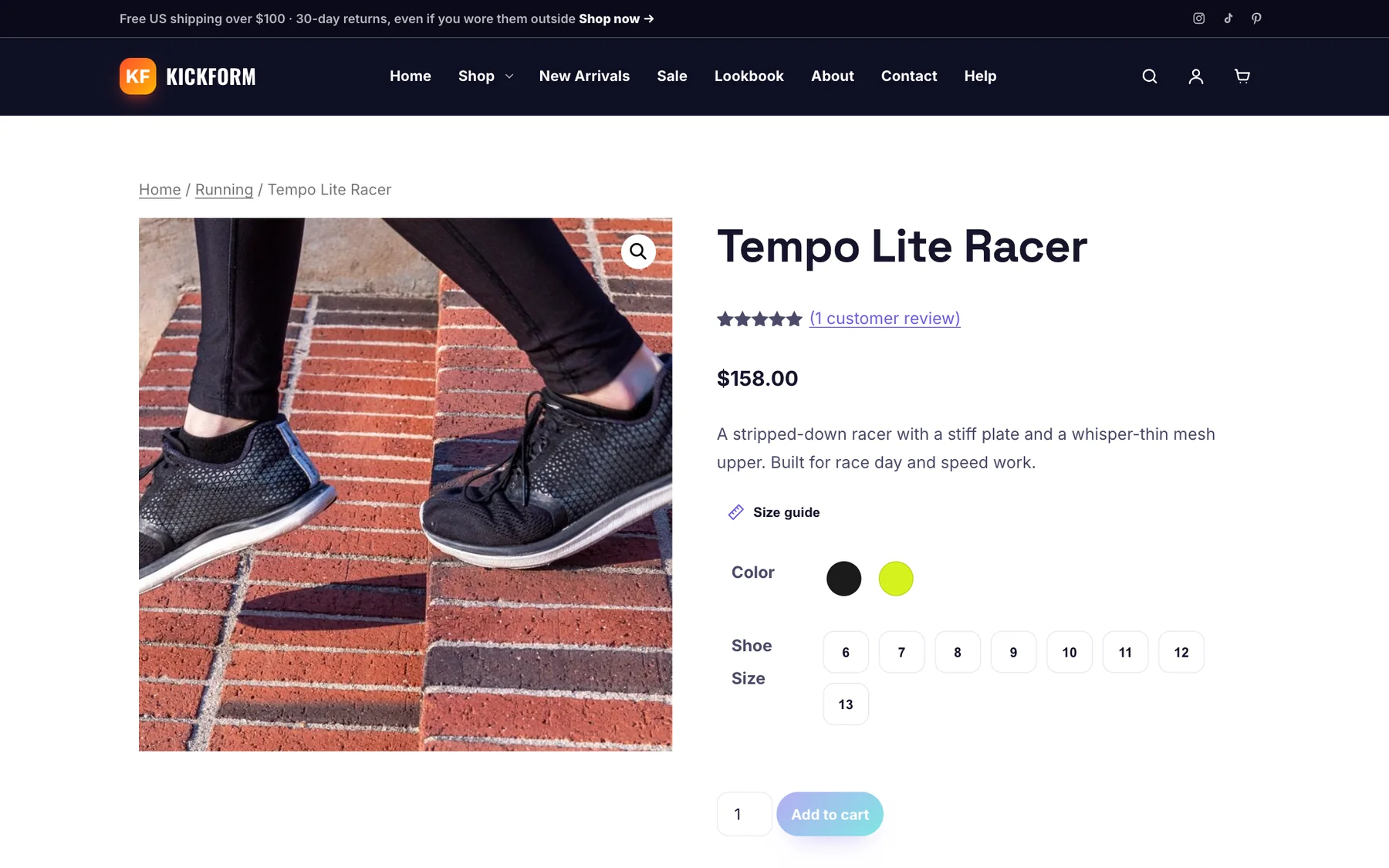 A product page with color swatches, size buttons and the size guide link