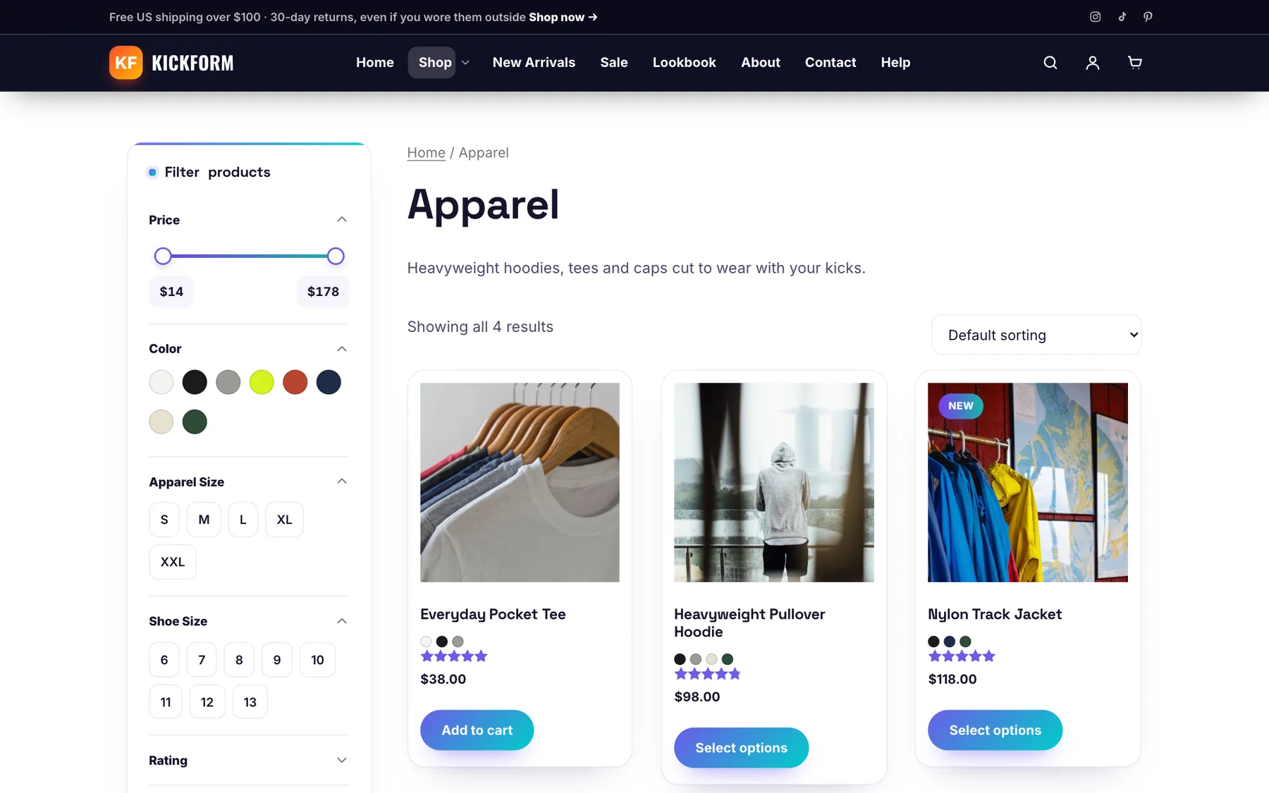 Shop sidebar with price, color, size, rating and availability filters