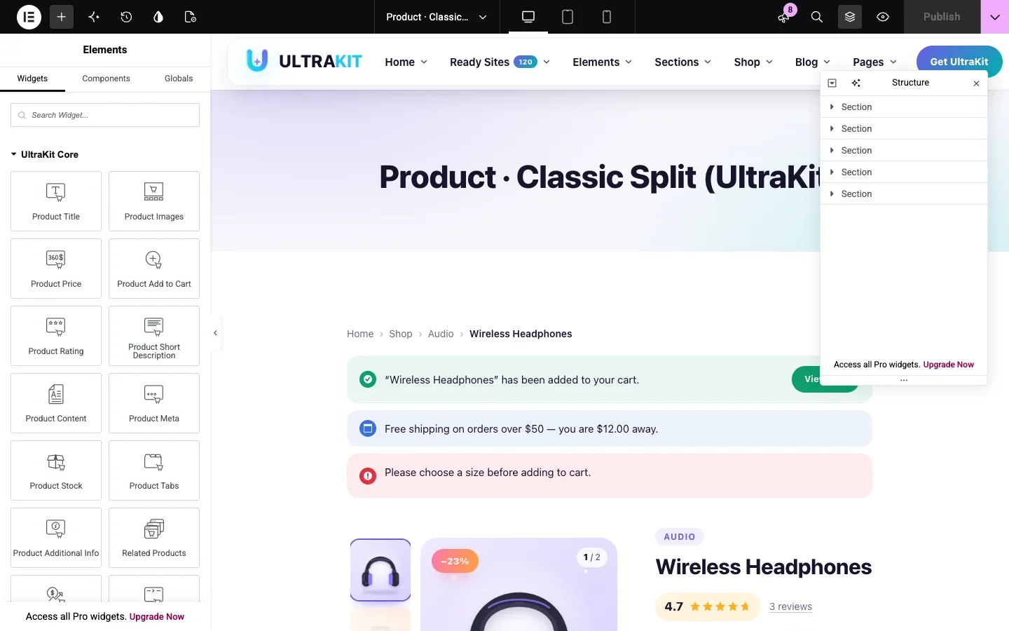 The product elements in the Elementor panel