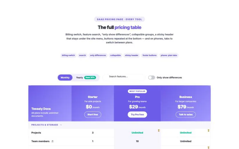 Comparison Table element demo