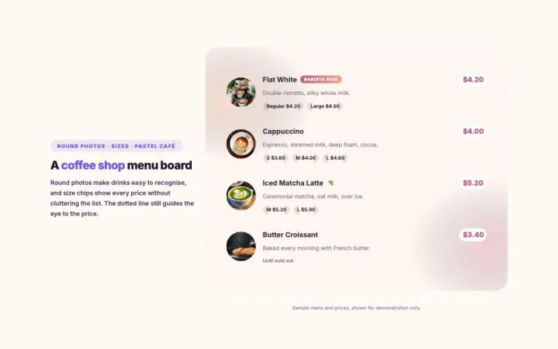 Price Menu element demo