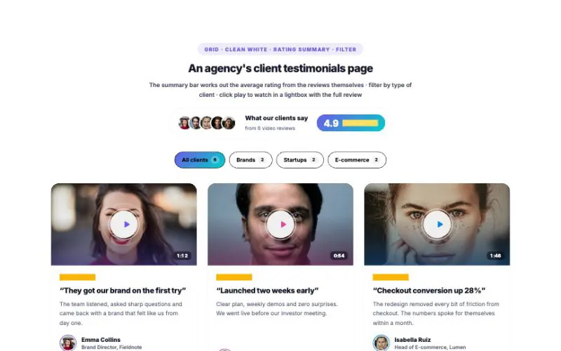 Testimonial Grid with Video element demo