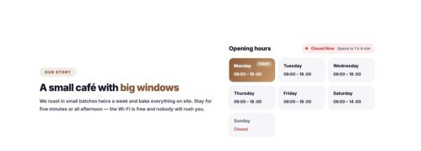 About 13 section — Café story & opening hours