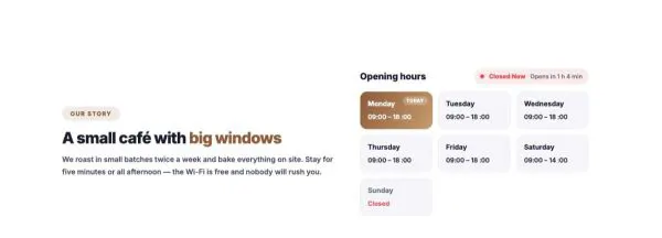 About 13 section — Café story & opening hours