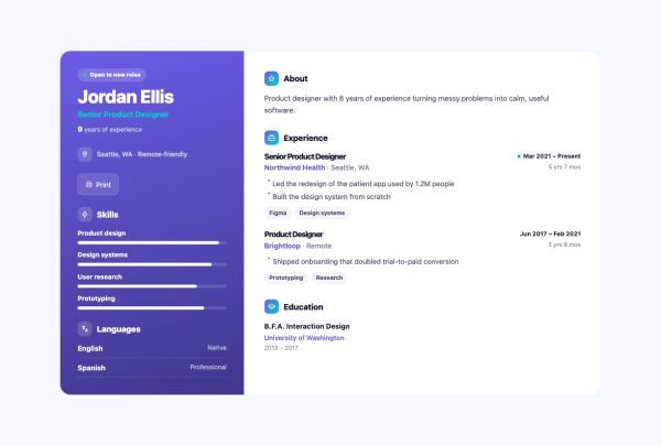 About 14 section — Resume / CV · Colored sidebar