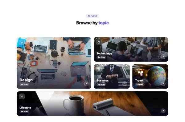 Blog 14 section — Topics grid · bento