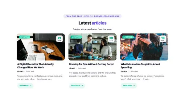 Blog 16 section — Post Grid · Style 2: Borderless Editorial