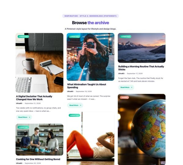 Blog 28 section — Post Masonry · Style 2: Borderless (Pinterest)