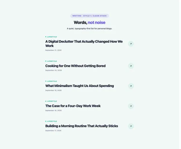 Blog 32 section — Post Minimal · Style 1: Clean Stack