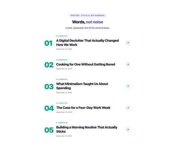 Blog 34 section — Post Minimal · Style 4: Big Numbers