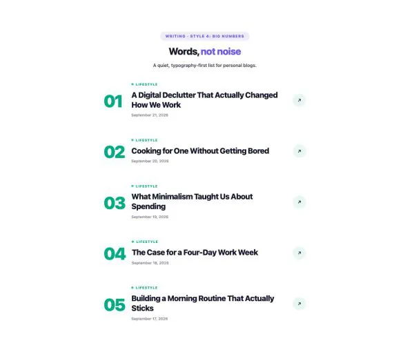 Blog 34 section — Post Minimal · Style 4: Big Numbers