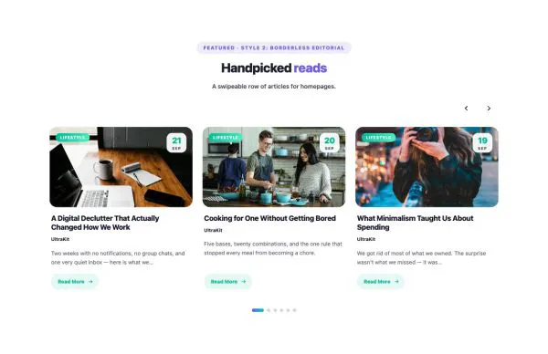 Blog 41 section — Post Carousel · Style 2: Borderless Editorial