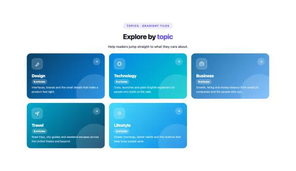Blog 47 section — Category List / Grid · Gradient tiles