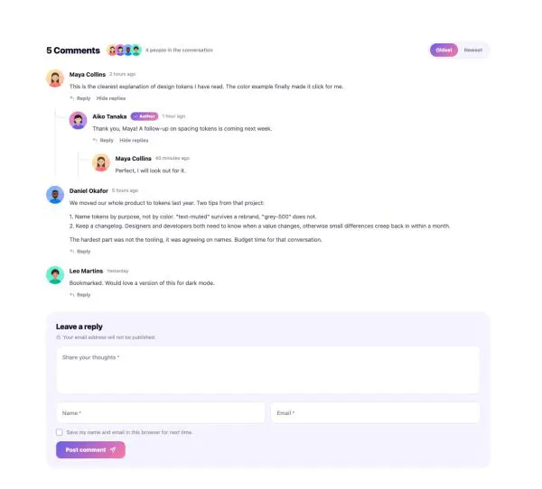 Blog 68 section — Post Comments · Thread lines (collapsible)