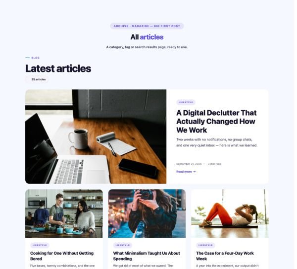 Blog 77 section — Archive Posts · Magazine — big first post