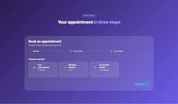 Booking 01 section — Step-by-step booking · glass