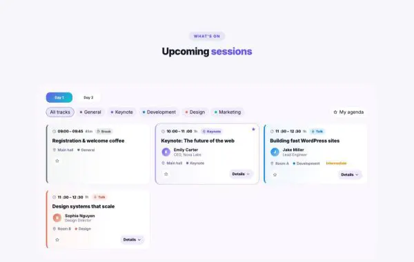 Booking 02 section — Event schedule · cards