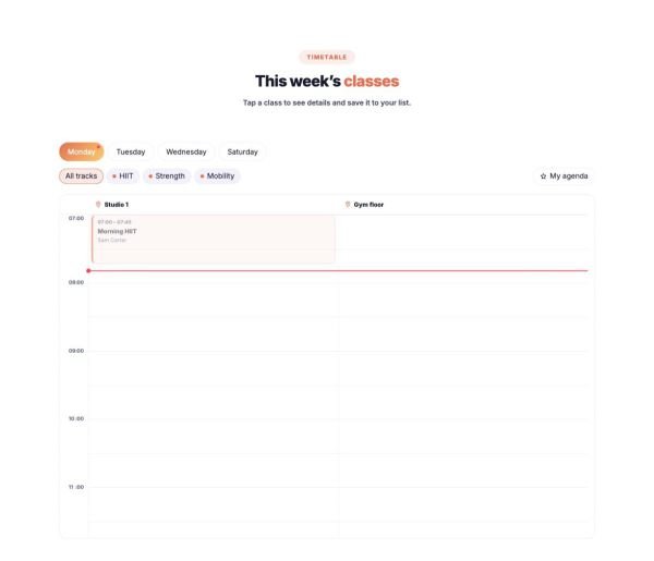 Booking 03 section — Weekly class timetable