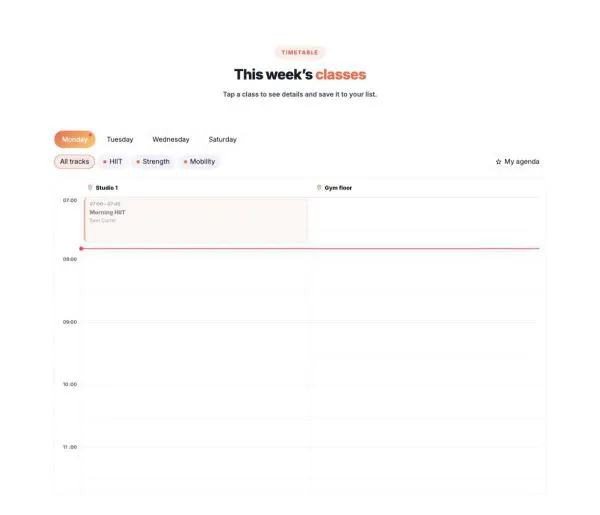 Booking 03 section — Weekly class schedule