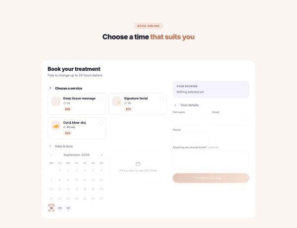 Booking 04 section — Spa booking · pick a therapist