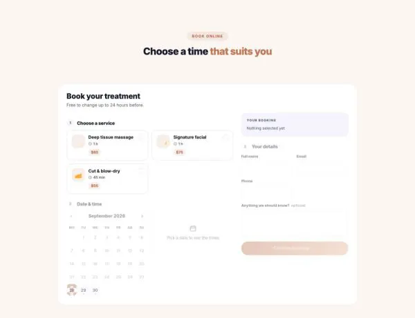 Booking 04 section — Spa booking · pick a therapist