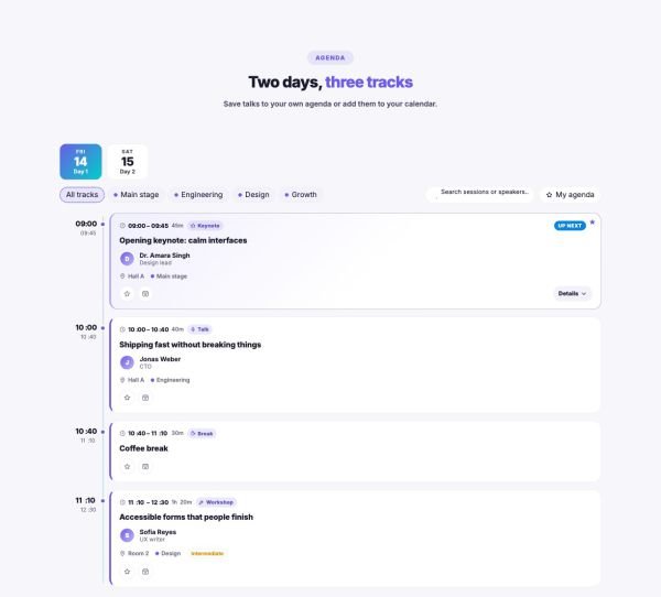 Booking 05 section — Conference agenda · two days