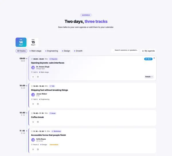 Booking 05 section — Conference agenda · two days