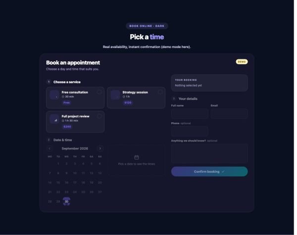 Booking 06 section — Booking / Appointment Form · Dark