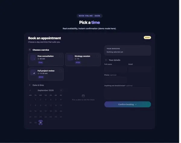 Booking 06 section — Booking / Appointment Form · Dark