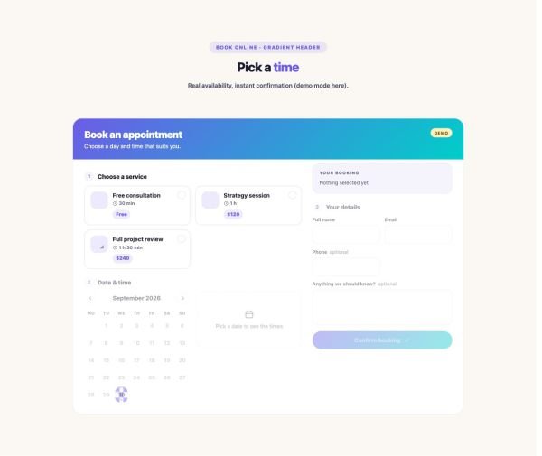 Booking 07 section — Booking / Appointment Form · Gradient header