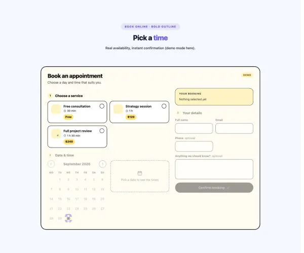 Booking 09 section — Booking / Appointment Form · Bold outline