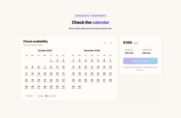 Booking 12 section — Availability · Warm paper