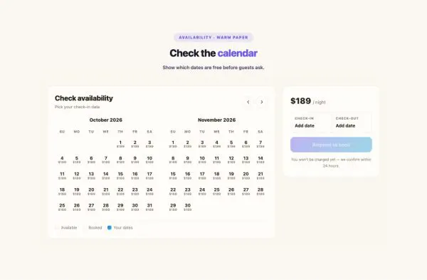 Booking 12 section — Availability · Warm paper