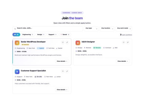 Careers 02 section — Job Board / Openings · Cards grid