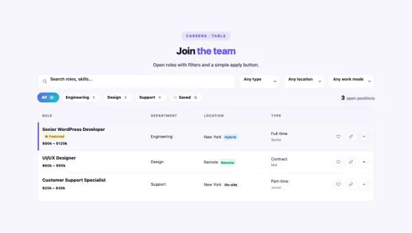 Careers 03 section — Job Board / Openings · Table