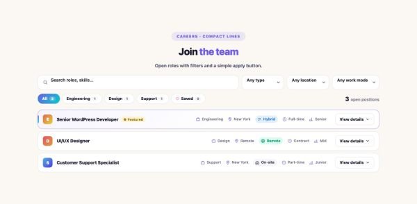 Careers 04 section — Job Board / Openings · Compact lines