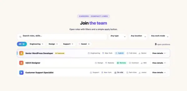 Careers 04 section — Job Board / Openings · Compact lines