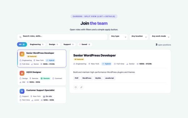 Careers 05 section — Job Board / Openings · Split view (list + details)